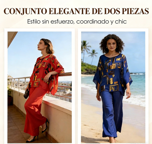 👗 Conjunto de 2 Piezas para Mujer – Top Estampado y Pantalones a Juego, Estilo Cómodo y Moderno ✨🌸
