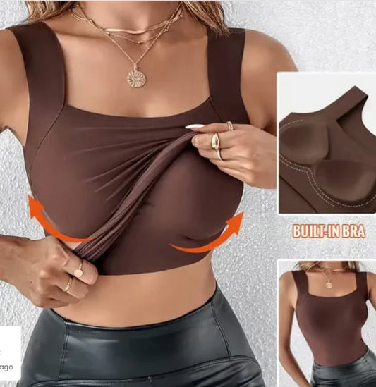 🔥 ¡50% DE DESCUENTO! 💖 👚 Camiseta sin mangas con cuello en U y sujetador incorporado para mujer – Comodidad, soporte y estilo todo en uno 🌸✨