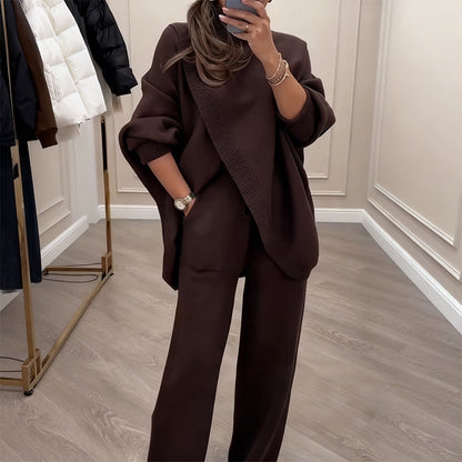 🔥 ¡59% DE DESCUENTO! ¡NUEVO! Conjunto de 2 piezas para mujer: suéter asimétrico + pantalones de pierna ancha, corte holgado y tela suave, ultra cómodo 👚✨