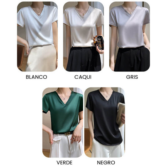 🌸49% de descuento🌸 Camiseta de mujer de seda transpirable con cuello de pico