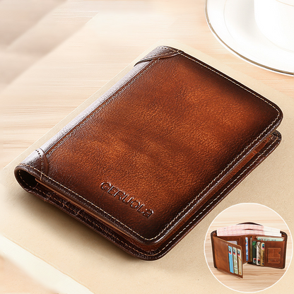 💼🔒Genuine Top Grain Leather RFID Blocking Trifold Wallet for Men - 11 Slots