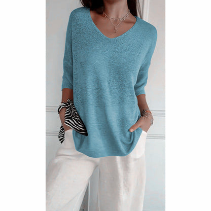 💖 Top Tejido con Cuello en V de Color Liso – Estilo Elegante y Cómodo para Cualquier Ocasión ✨👚