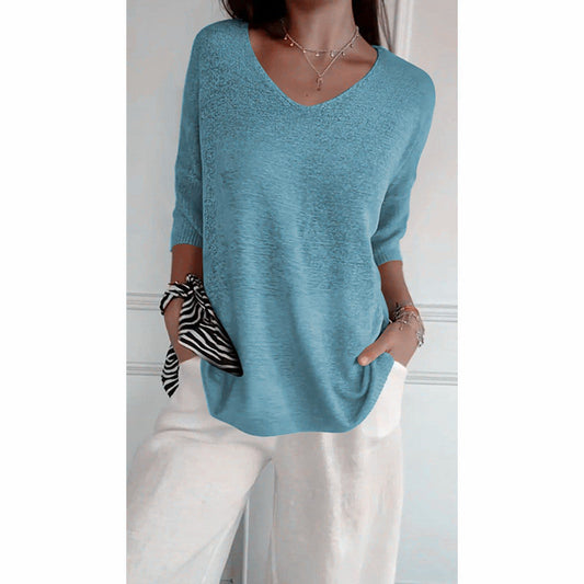 💖 Top Tejido con Cuello en V de Color Liso – Estilo Elegante y Cómodo para Cualquier Ocasión ✨👚