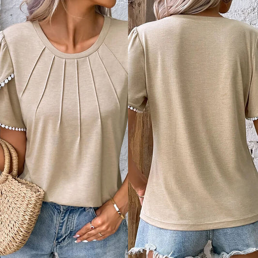 🔥49% de descuento🔥Nueva camiseta casual de encaje de color liso con cuello redondo para mujer