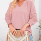 👚 Blusa Casual de Mujer – Escote en V, Manga Linterna 3/4, Plisada, Holgada y Hueca ✨💖