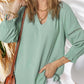 👚 Blusa Casual de Mujer – Escote en V, Manga Linterna 3/4, Plisada, Holgada y Hueca ✨💖