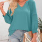 👚 Blusa Casual de Mujer – Escote en V, Manga Linterna 3/4, Plisada, Holgada y Hueca ✨💖