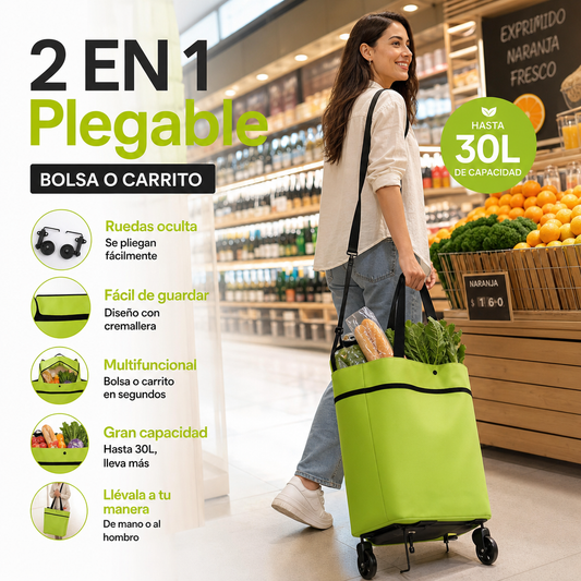 🛒✨ ¡OFERTA 50% OFF! Carrito de Compra Plegable 2 en 1 – Bolsa Portátil de Gran Capacidad 30L para Supermercado, Viajes y Uso Diario 🌿💪