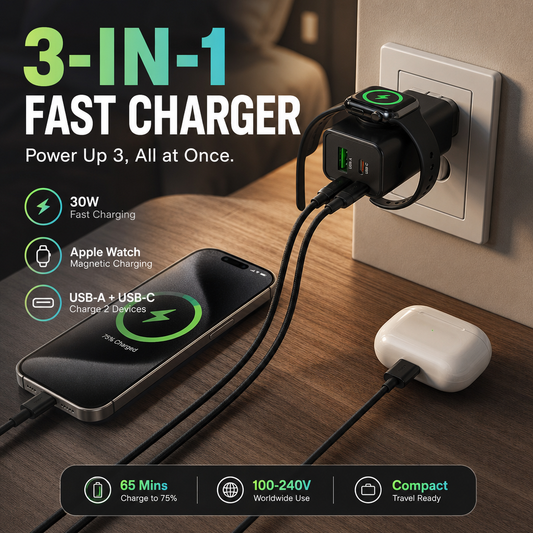 🎉 ¡Nueva oferta imperdible! ¡Más de 50.000 unidades vendidas! 🔌 Cargador de pared inalámbrico 3 en 1 para reloj: carga rápida de 30 W y base magnética ⚡