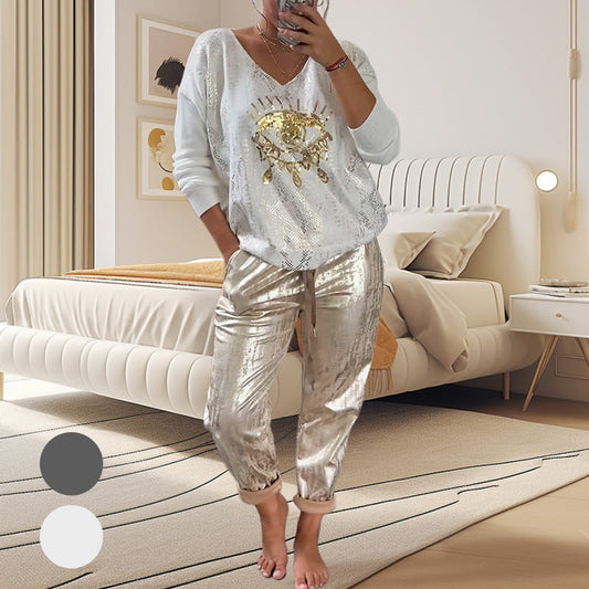 🌷💝Devil's Eye Gold Foil Top ja Sequin Pants setti