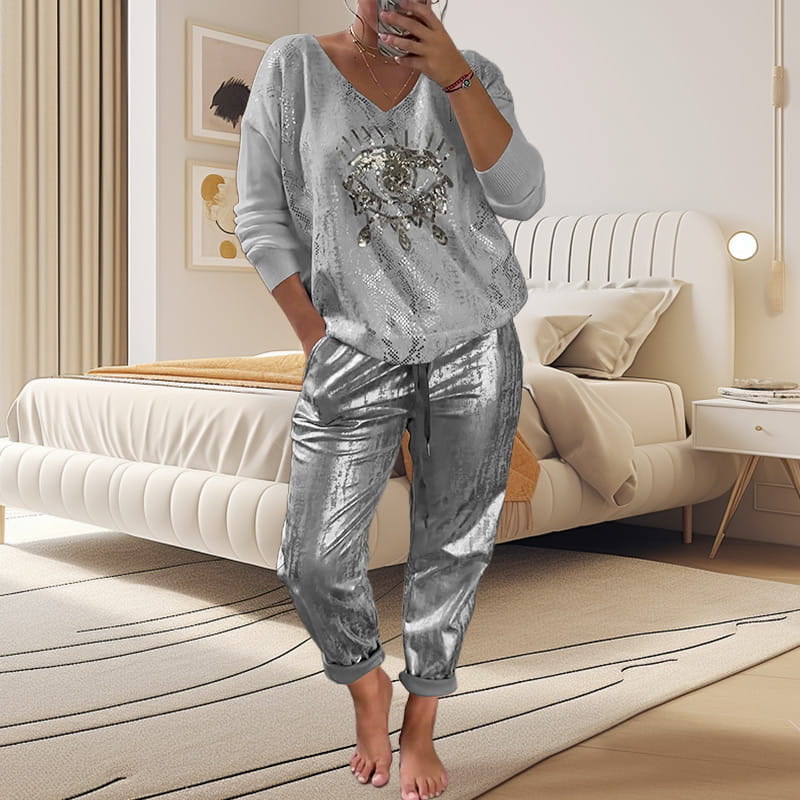 🌷💝Devil's Eye Gold Foil Top ja Sequin Pants setti