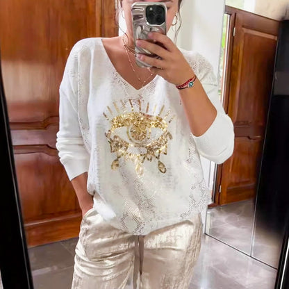 🌷💝Devil's Eye Gold Foil Top ja Sequin Pants setti