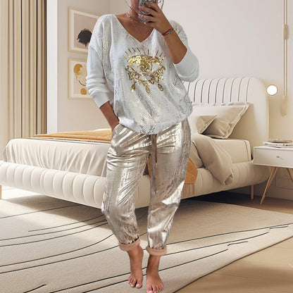 🌷💝Devil's Eye Gold Foil Top ja Sequin Pants setti