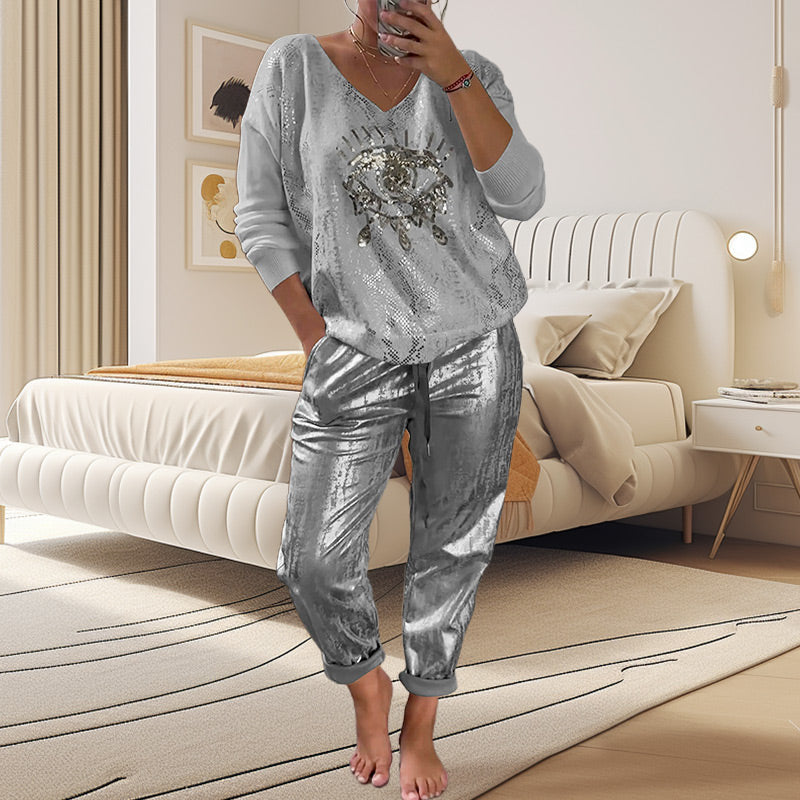 🌷💝Devil's Eye Gold Foil Top ja Sequin Pants setti