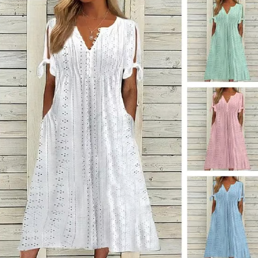 ⏰Rebajas de último día 50% de descuento💃Vestido elegante sólido cuello pico calado de mujer