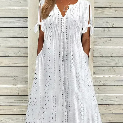 ⏰Rebajas de último día 50% de descuento💃Vestido elegante sólido cuello pico calado de mujer