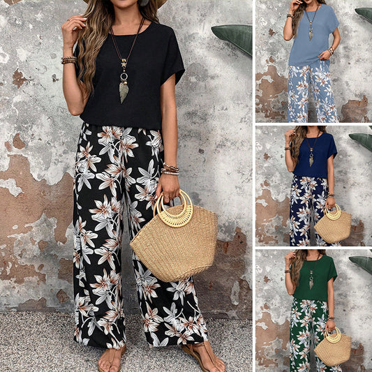 ⏰🔥 ¡50% DE DESCUENTO POR TIEMPO LIMITADO! 👚👖 Conjunto Casual de Mujer – Pantalón Ancho y Top de Manga Corta con Estampado Floral 🌸💖