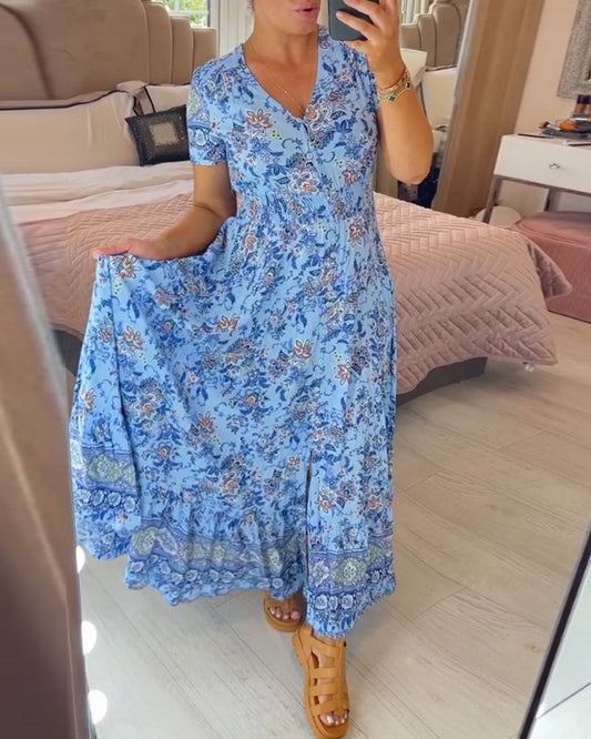 💃🌸 Vestido con Estampado Floral y Cuello en V – Elegancia Fresca y Estilo Perfecto para el Verano ☀️👗