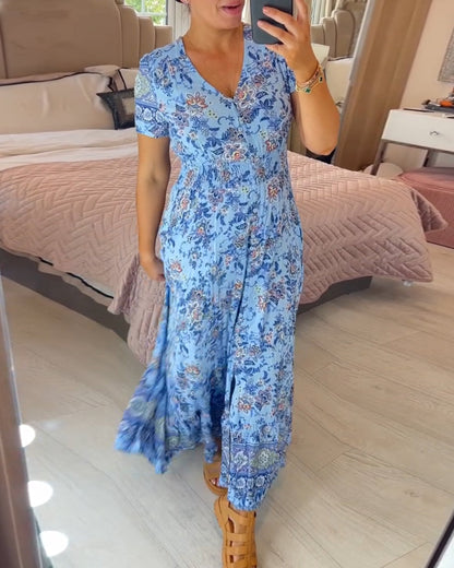💃🌸 Vestido con Estampado Floral y Cuello en V – Elegancia Fresca y Estilo Perfecto para el Verano ☀️👗