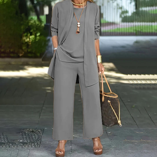 ⏰🔥 ¡50% DE DESCUENTO POR TIEMPO LIMITADO! 💃 Elegante conjunto de 3 piezas para mujer de corte relajado: pantalón minimalista de pierna ancha, cárdigan y top en tejido elástico de lujo 🌟👚