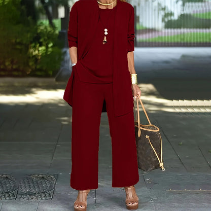 ⏰🔥 ¡50% DE DESCUENTO POR TIEMPO LIMITADO! 💃 Elegante conjunto de 3 piezas para mujer de corte relajado: pantalón minimalista de pierna ancha, cárdigan y top en tejido elástico de lujo 🌟👚