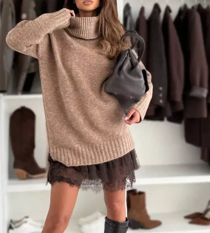 ❄️🔥 Vestido Suéter de Cuello Alto Manga Larga – Tejido Cable, Corte Oversize y Estilo Minimalista ✨