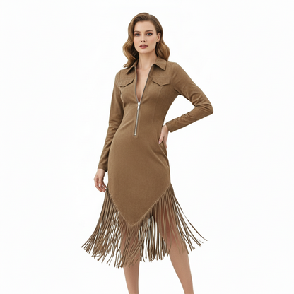⏰🔥 ¡OFERTA 50% OFF! 👗🤎 Vestido Midi Retro para Mujer con Flecos y Cremallera – Estilo Western, Silueta Favorecedora y Look Atrevido