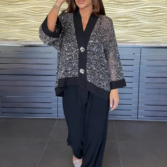 🚚✨ Envío Gratis——Conjunto para mujer de 2 piezas 💃 Cárdigan con cuello en V y lentejuelas ✨ + pantalón ancho 👖