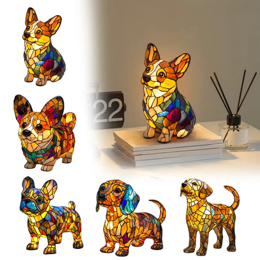 🐶 Lámpara LED de Mesa con Estatua de Cachorro – Diseño Color Block Decorativo ✨