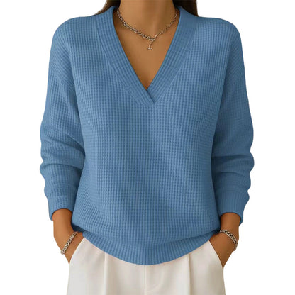 ⏰🔥 ¡OFERTA 50% OFF! 👚✨ Camiseta Casual de Manga Larga con Cuello en V para Mujer – Textura Punto Waffle, Estilo Elegante y Comodidad Todo el Día 💖