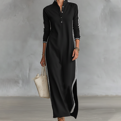 👗✨ Vestido Minimalista con Cuello Abotonado y Ribetes a Contraste 🌟💖 Estilo Elegante y Sofisticado para Cada Ocasión 🎀🌸