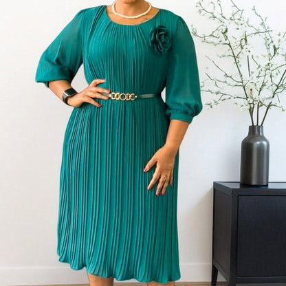 👗✨ Vestido Midi Plisado de Manga 3/4 con Cinturón para Mujer – Elegancia Clásica y Estilo Sofisticado para Cualquier Ocasión 💖🌸