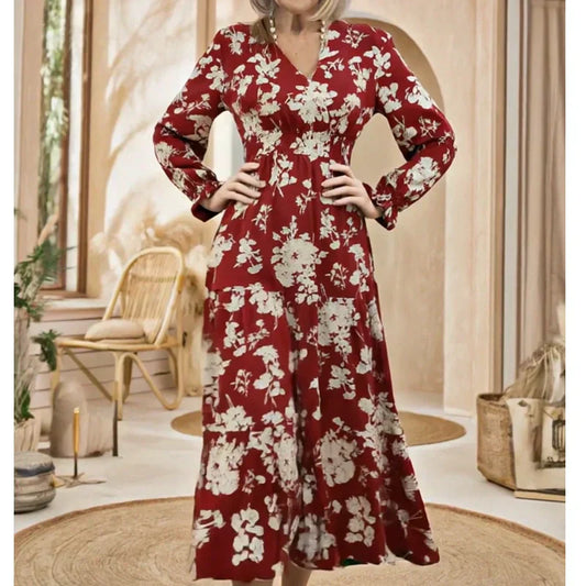 🌸👗 Vestido Maxi de Capas con Estampado Floral – Cuello en V, Cintura Ceñida y Manga Larga para un Look Elegante y Sofisticado 💃✨