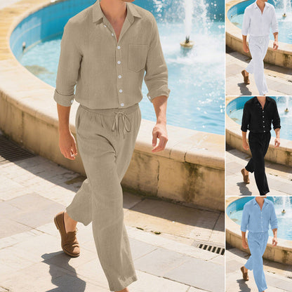 👔🌿 Conjunto de Camisa de Manga Larga y Pantalón Largo de Lino para Hombre (2 Piezas) – Estilo Fresco y Elegante para el Día a Día 💼✨