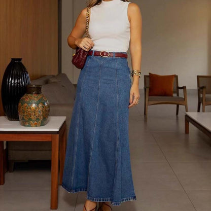 🎁Novedades 2026 50 % DE DESCUENTO👗Falda larga vaquera para mujer – Cintura alta & corte en línea A