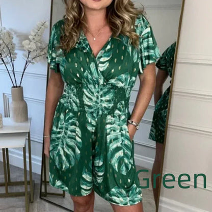 🍃 Mameluco Informal con Estampado de Hojas y Cuello en V para Mujer – Cómodo, Estiloso y con Bolsillos 🌿✨