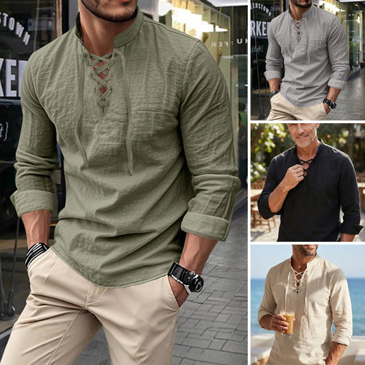 👕 Camisa Casual de Color Sólido para Hombre – Cuello Mao con Cordón Ajustable para un Estilo Único ✨👔