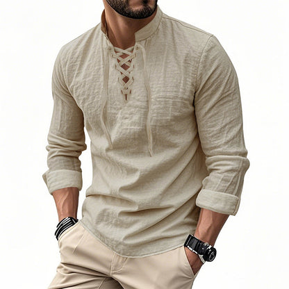 👕 Camisa Casual de Color Sólido para Hombre – Cuello Mao con Cordón Ajustable para un Estilo Único ✨👔