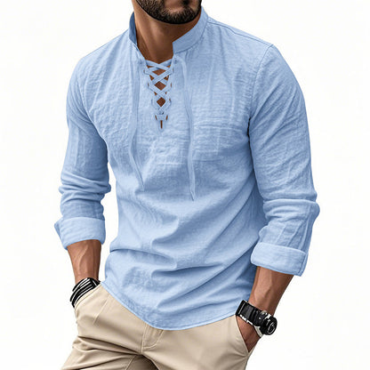 👕 Camisa Casual de Color Sólido para Hombre – Cuello Mao con Cordón Ajustable para un Estilo Único ✨👔