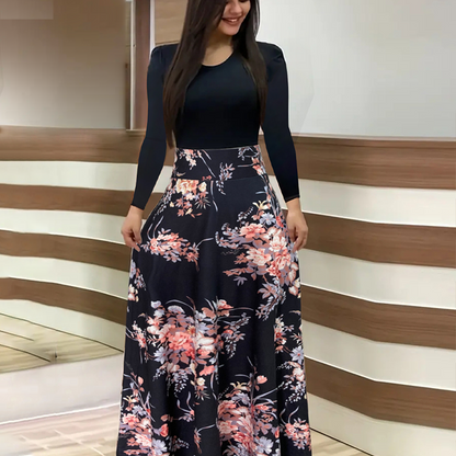 ⏰🔥 ¡50% DE DESCUENTO POR TIEMPO LIMITADO! 🌸 Vestido Largo de Mujer – Manga Larga, Estampado Floral y Detalles de Empalmes para un Look Elegante ✨💃