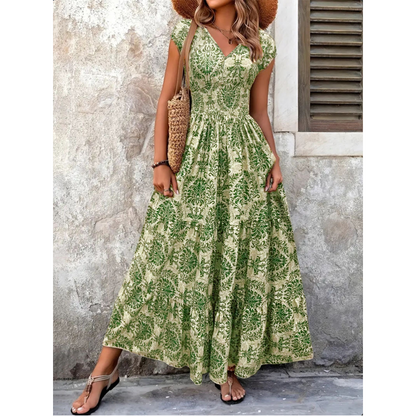 🎁Nueva llegada 50%💥de descuento para mujer vestido largo con escote en V con estampado floral y smock