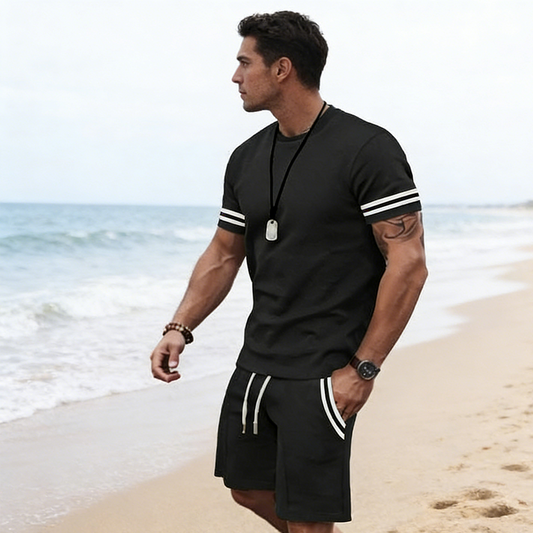 ⏰🔥 ¡Oferta Limitada 50% OFF! 👕 Conjunto de Dos Piezas para Hombre – Camiseta a Rayas y Pantalones Cortos Cómodos y Estilosos ✨🏖️