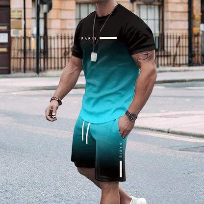 ⏰🔥 ¡50% DE DESCUENTO POR TIEMPO LIMITADO! 😎 Conjunto de Verano para Hombre – Camiseta y Shorts con Diseño Degradado ✨☀️