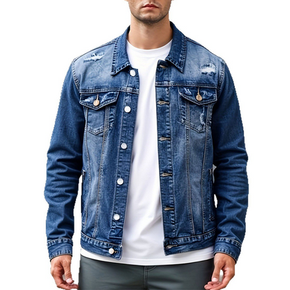 🧥 ¡OFERTA POR TIEMPO LIMITADO 50% DE DESCUENTO! 🍂 Chaqueta de Mezclilla Vintage Desgastada para Hombre – Diseño Atemporal, Detalles Desgastados, Bolsillos Funcionales y Tallas S-XL ✨