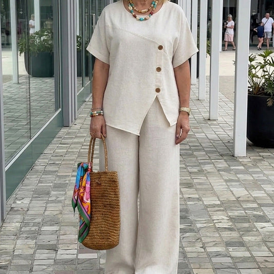 Chic Button Detail Top y Pantalones de Pierna Ancha