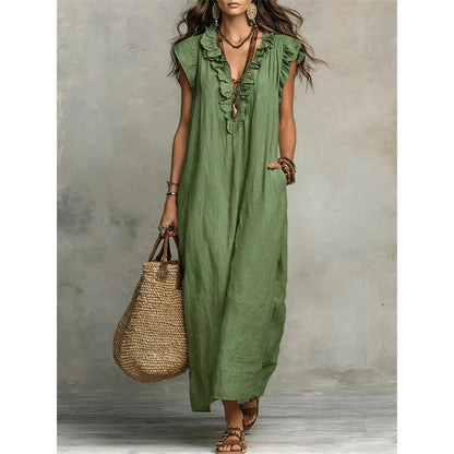 👗✨ ¡OFERTA 50% OFF! Vestido Maxi Boho para Mujer con Escote en V y Volantes – Ligero, Fresco y Elegante para Verano 💚