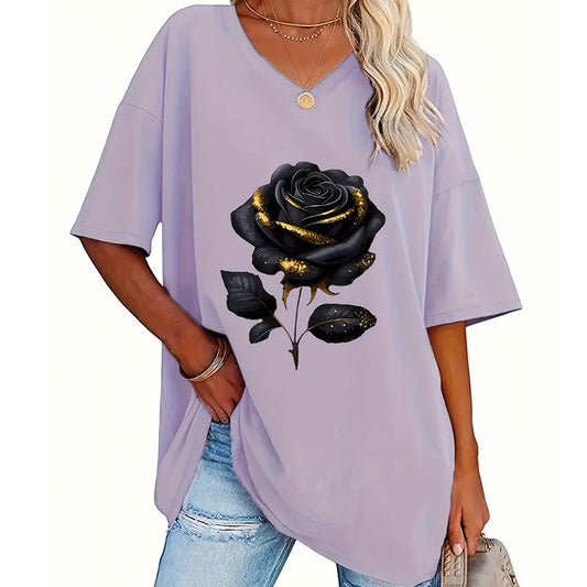 ⏰🔥 ¡50% OFF por tiempo limitado! 🌹 Camiseta Talla Grande con Estampado de Rosas – Elegancia y Comodidad