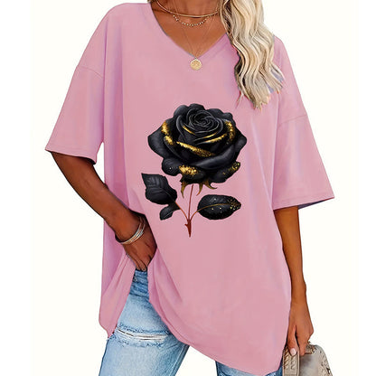 ⏰🔥 ¡50% OFF por tiempo limitado! 🌹 Camiseta Talla Grande con Estampado de Rosas – Elegancia y Comodidad