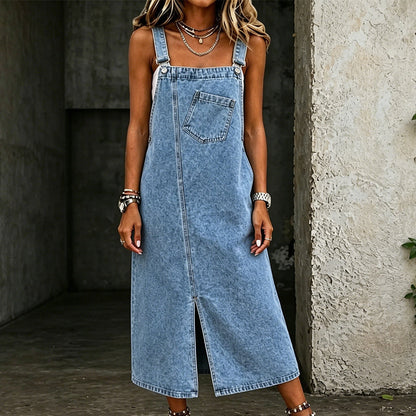 Vestido midi tipo peto de vaquero sin mangas para mujer