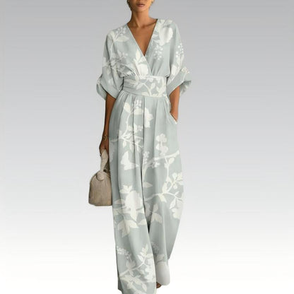 👗✨ Mono Elegante de Mujer con Escote en V y Estampado – Estilo Chic y Favorecedor